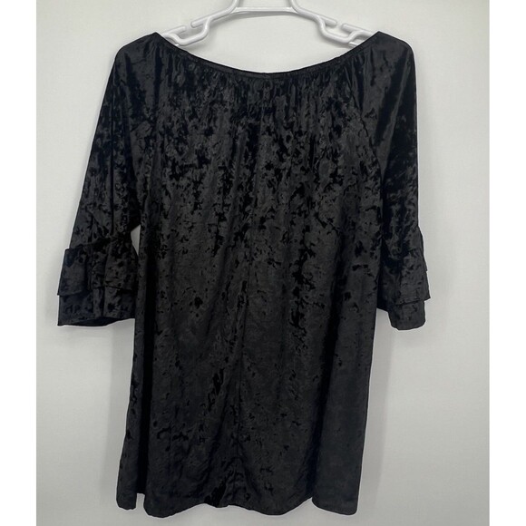 Crushed Velvet Black Mini Dress Womens 2XL Off The Shoulder Bell Sleeves - Picture 2 of 13